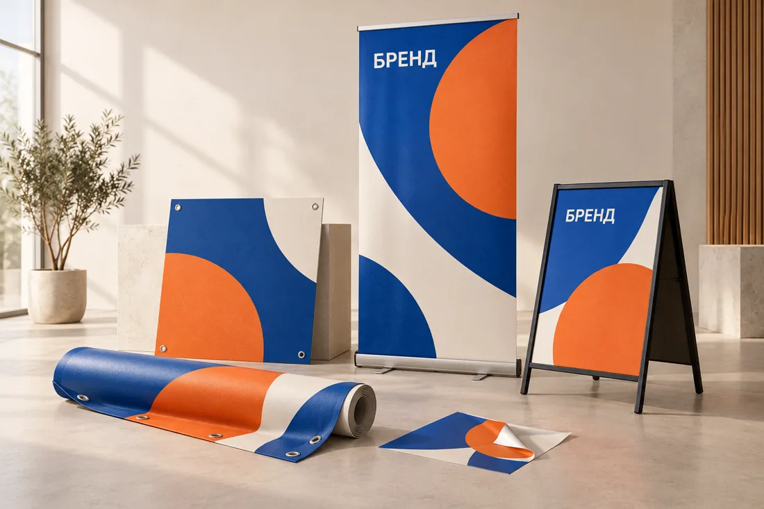Визуализация рекламного оформления: баннер, roll-up, штендер и плёнка