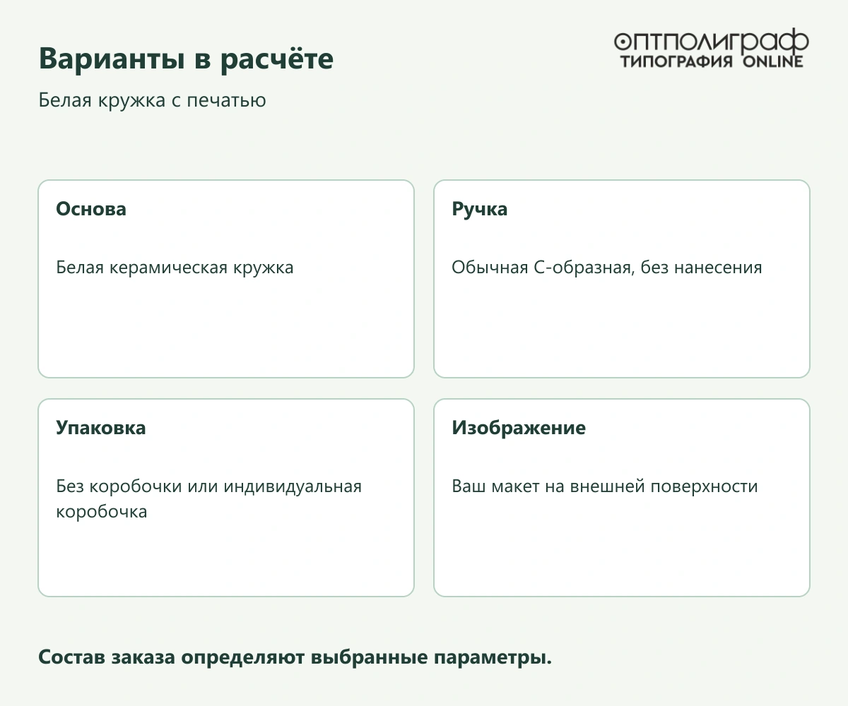Белая кружка с печатью — Варианты в расчёте