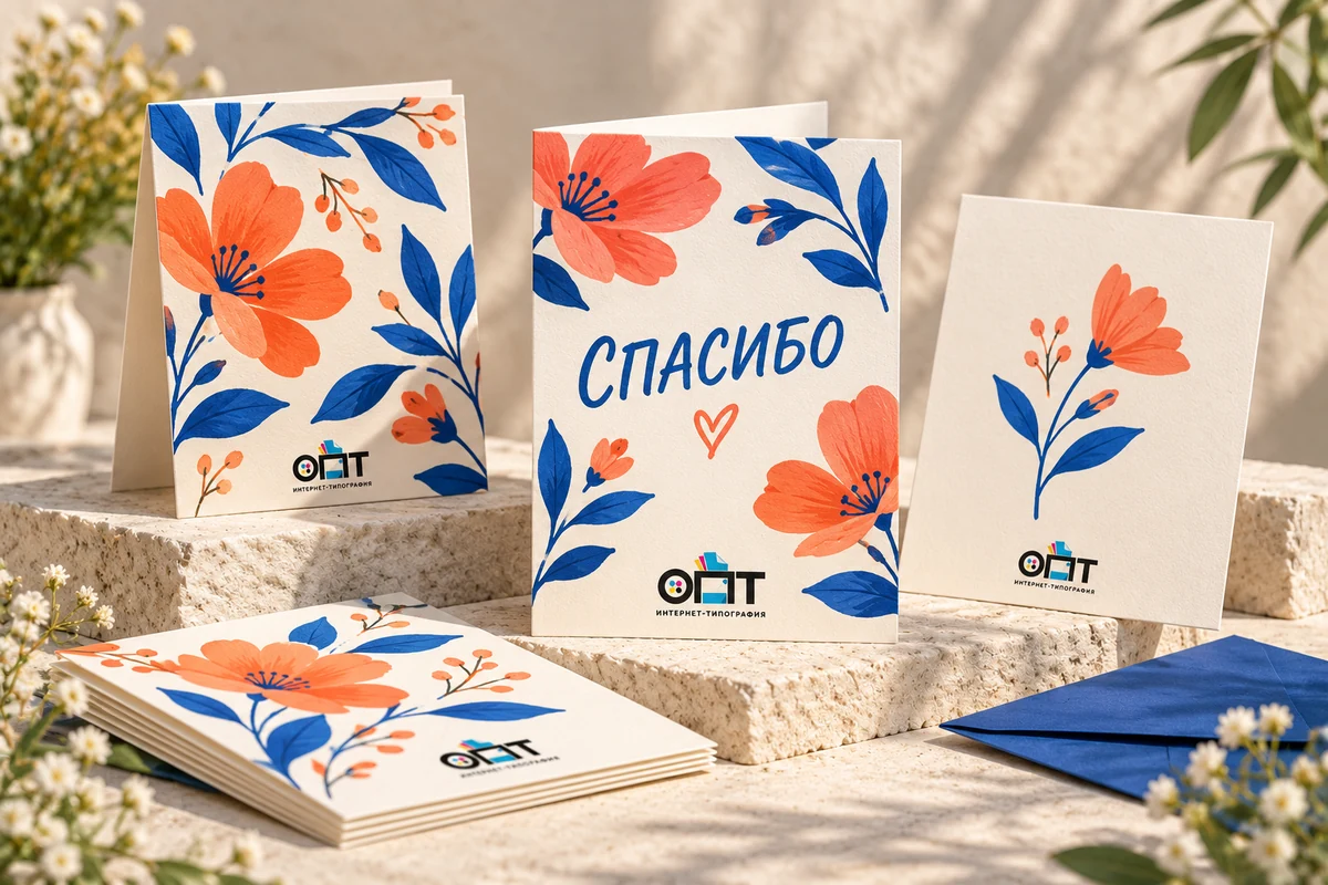Визуализация цветных открыток с надписью «Спасибо», плоского и складного форматов — вариант оформления с логотипом ОПТ