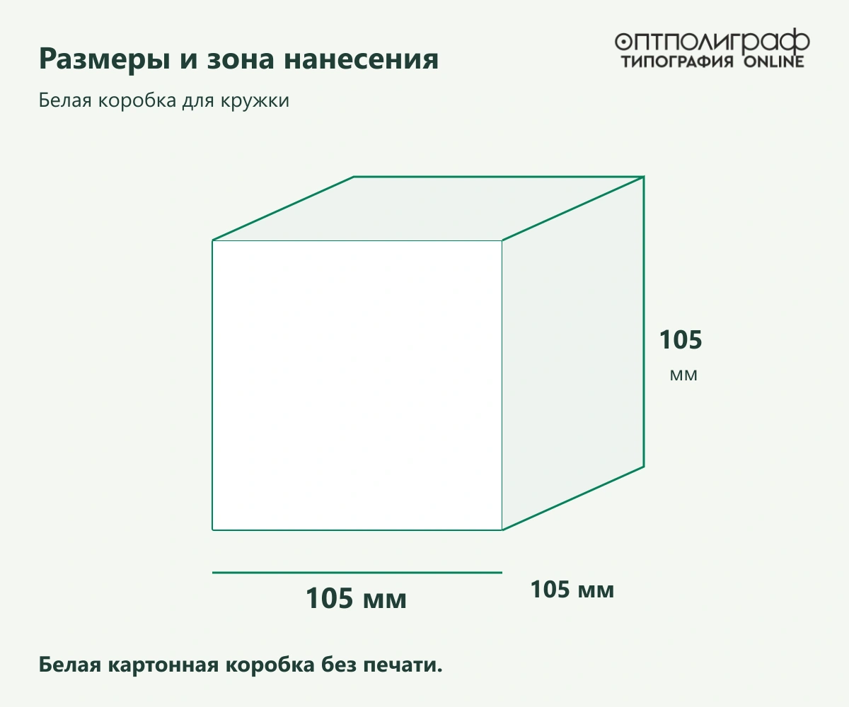 Белая коробка для кружки — Размеры и зона нанесения