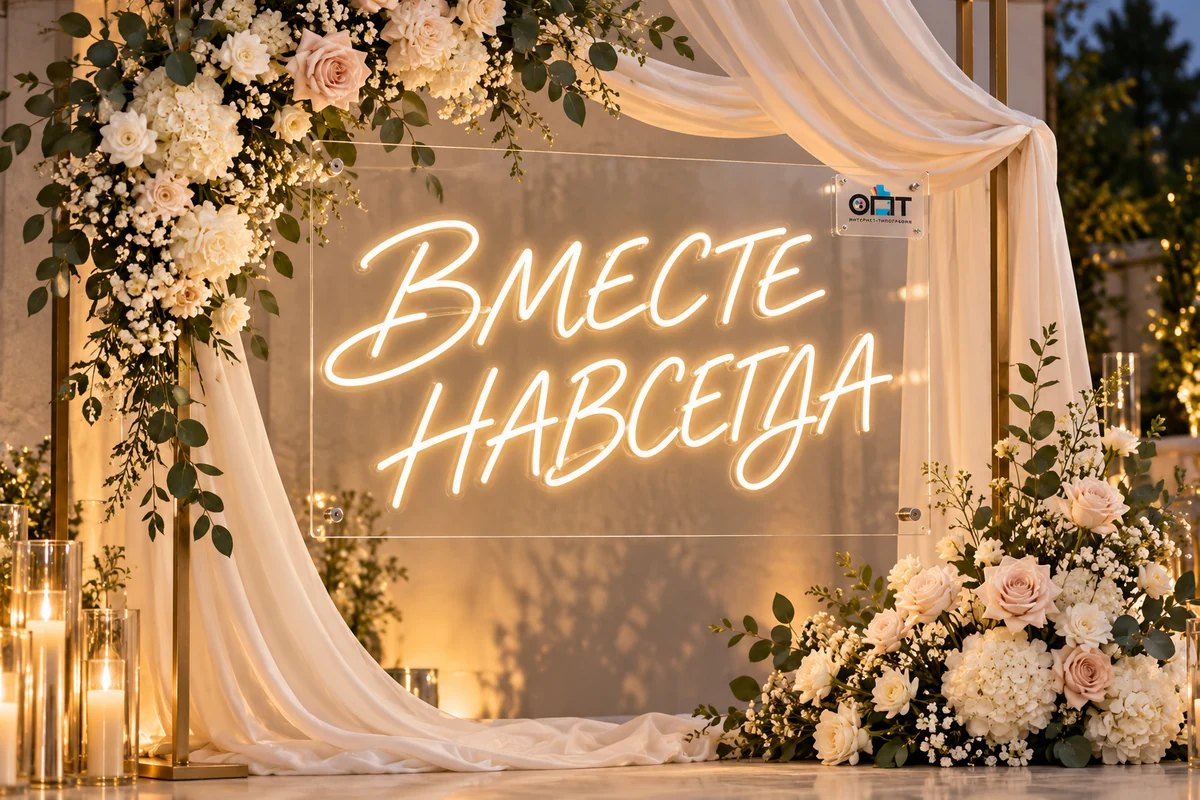 неоновая картина свадьба Краснодар — вариант оформления с логотипом ОПТ