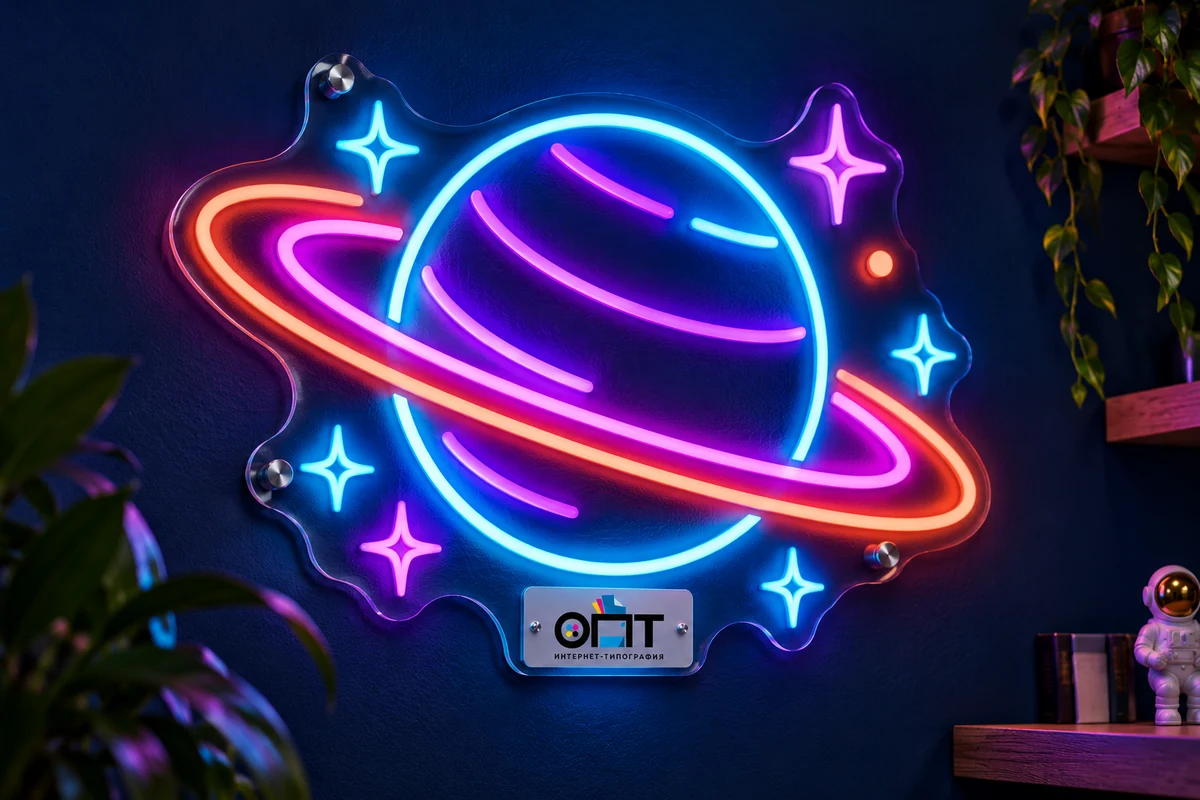 Неоновая  картина с темой Космос — вариант оформления с логотипом ОПТ