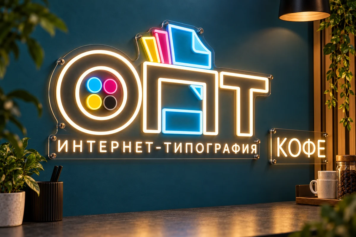 Неоновый логотип ОПТ и надпись КОФЕ — вариант оформления