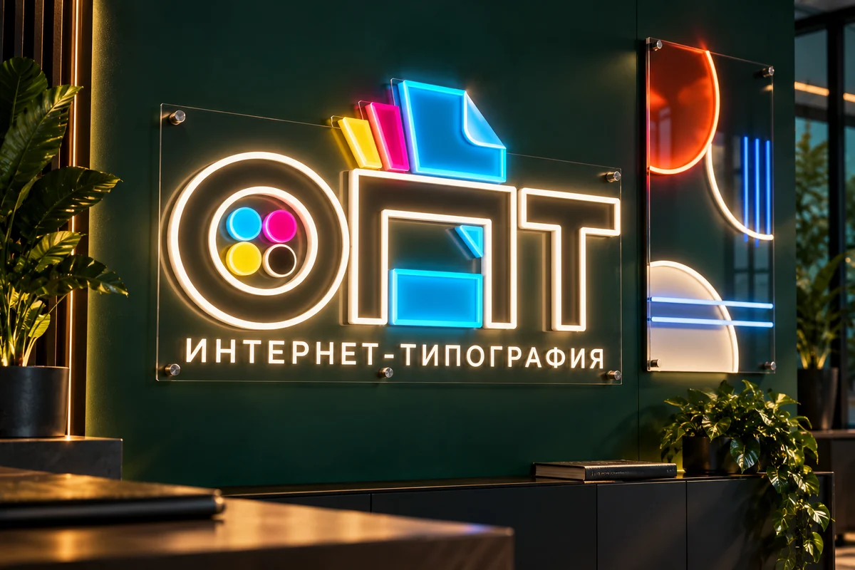 Неоновая вывеска и картина в интерьере — вариант оформления с логотипом ОПТ