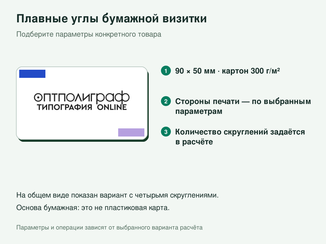 Визитки со скруглением углов — параметры и условия