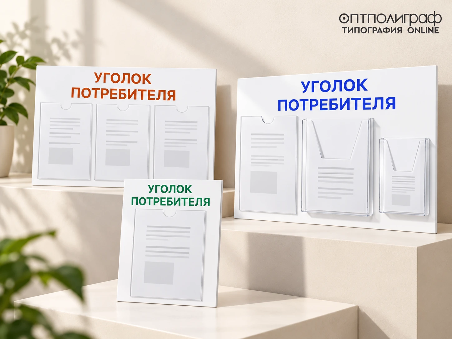 Уголки потребителя: стандартные стенды с плоскими А4 и индивидуальный с объёмными карманами