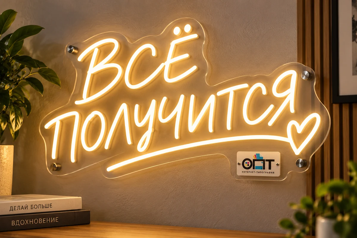 Неоновая  картина с темой Силуэты и фразы — вариант оформления с логотипом ОПТ