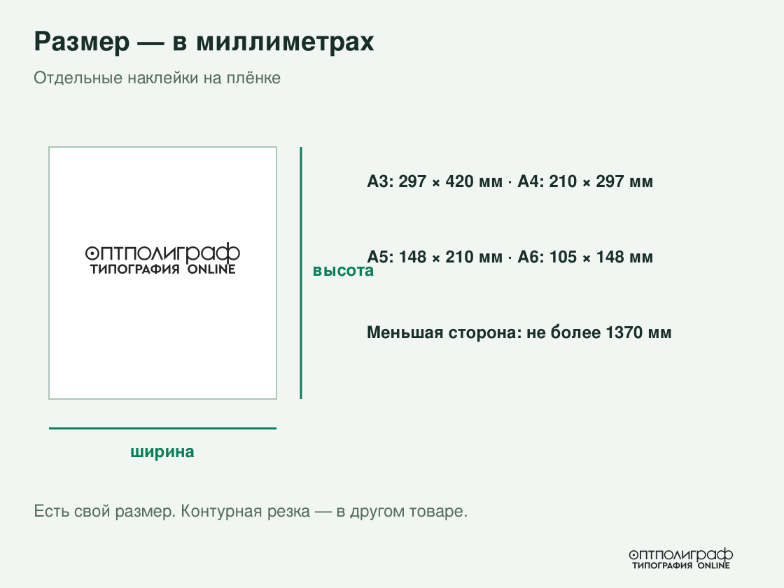 Отдельные наклейки на плёнке — размеры