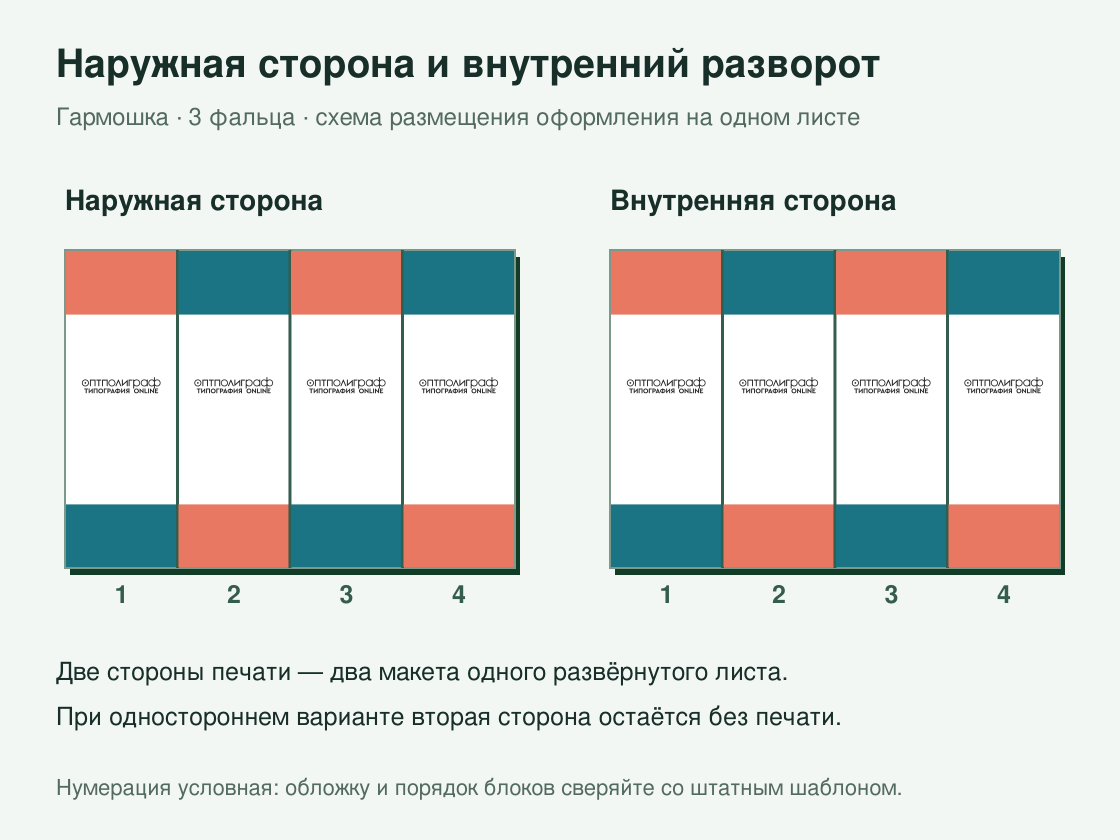 Буклет «Гармошка — 3 фальца» малым тиражом — наружная и внутренняя стороны