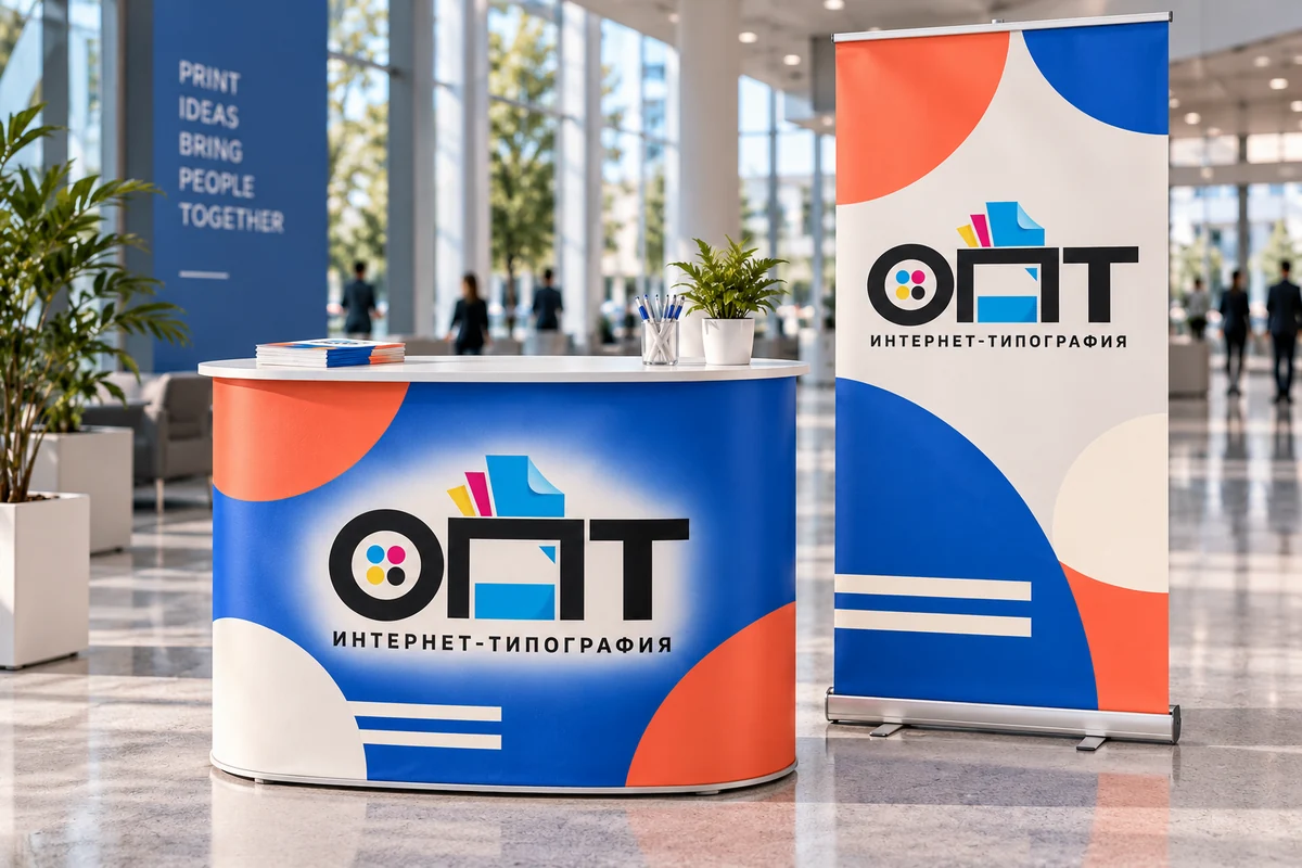 Мобильные стенды, промостойки — вариант оформления с логотипом ОПТ