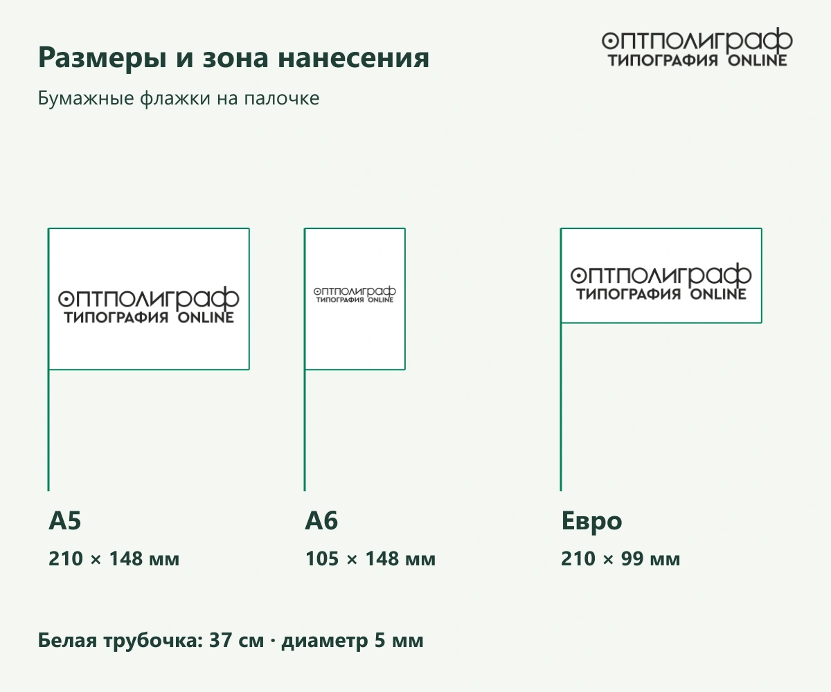 Бумажные флажки на палочке — Размеры и зона нанесения