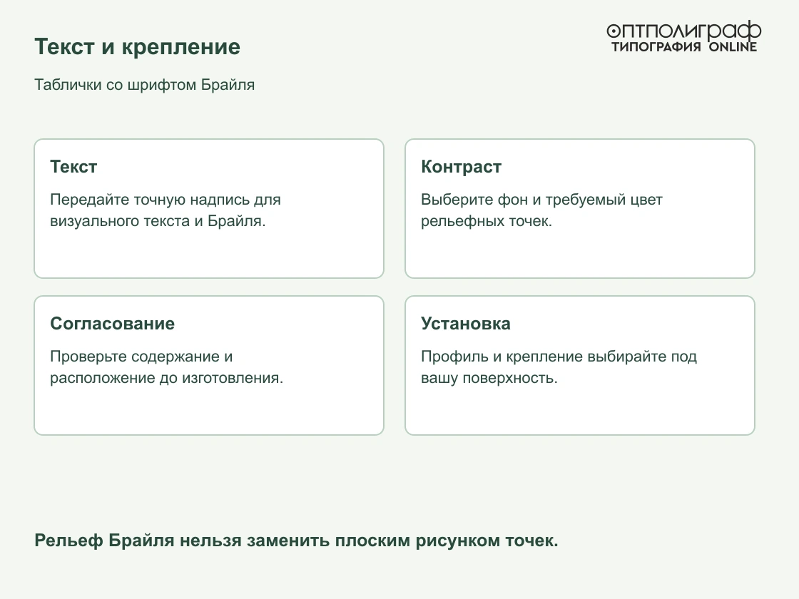 Таблички со шрифтом Брайля — Текст и крепление