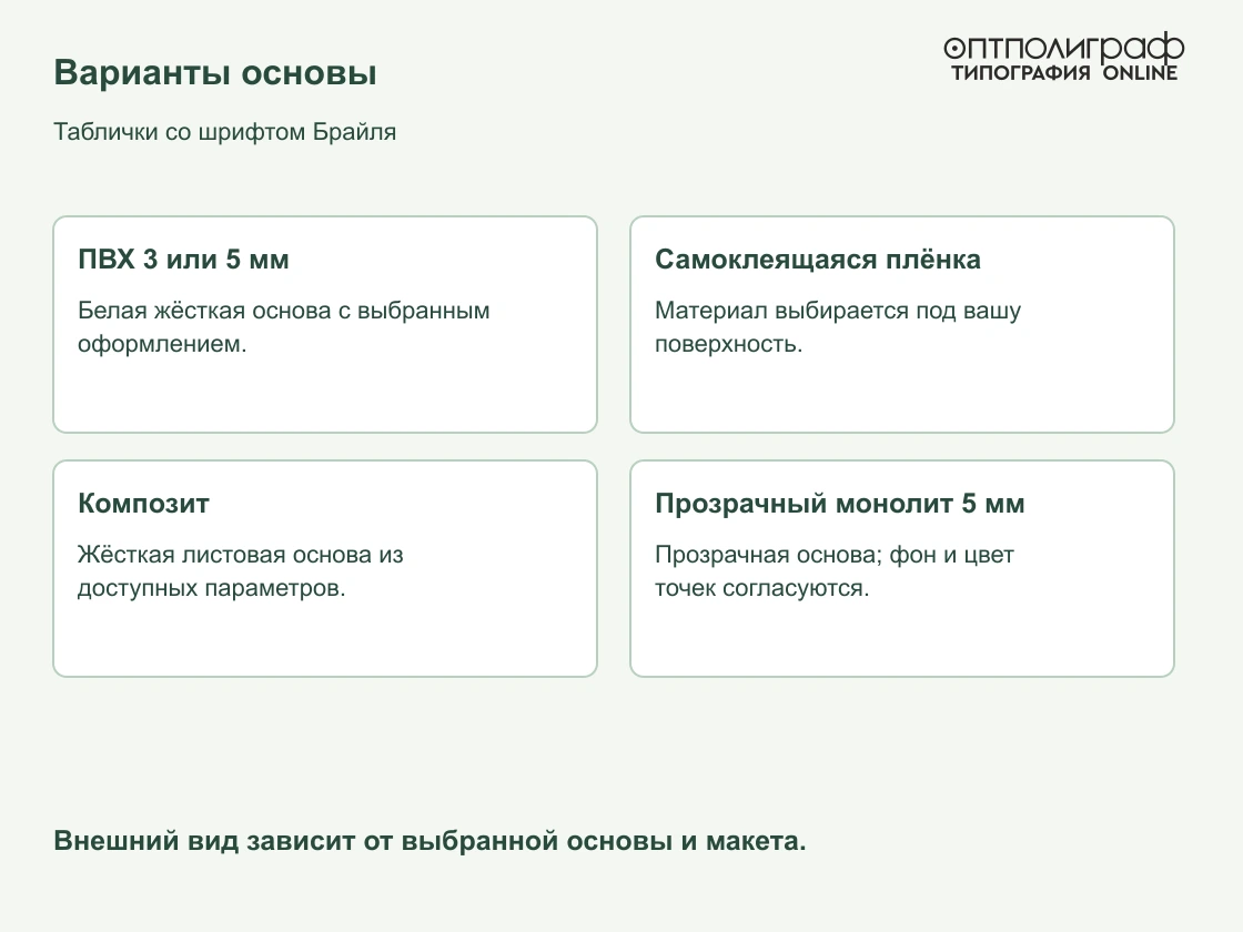 Таблички со шрифтом Брайля — Варианты основы