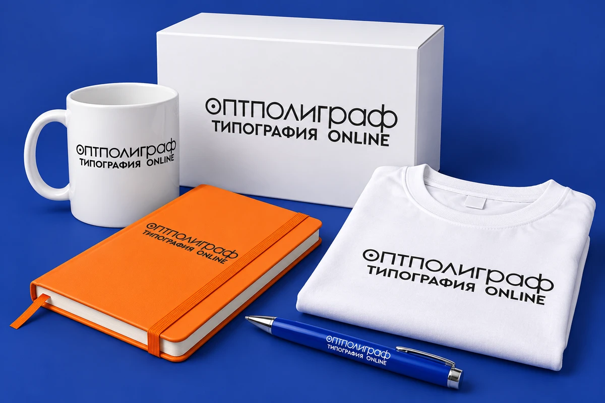 Разноцветные корпоративные подарки: кружка, блокнот, ручка и футболка