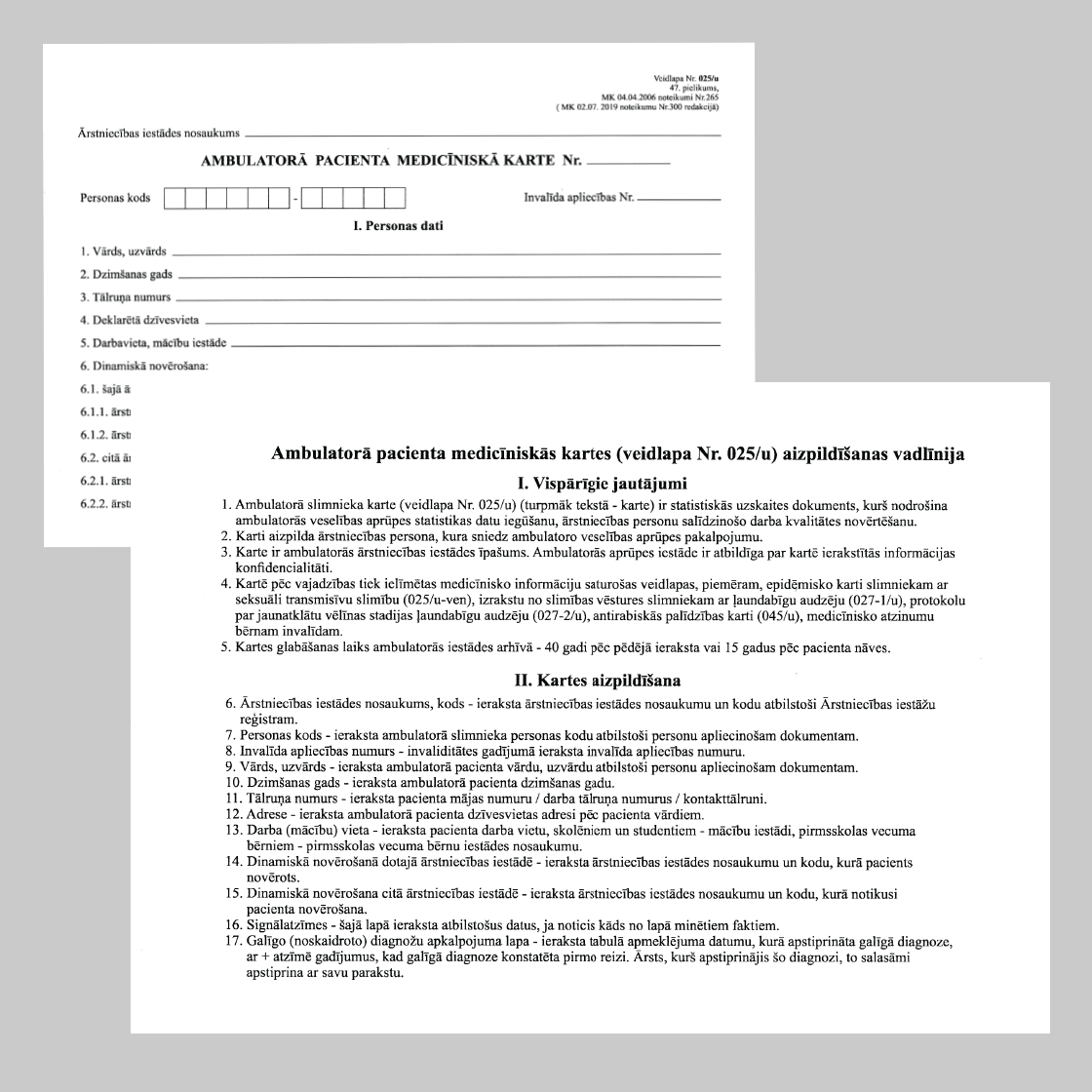 Ambulatorā pacienta medicīniskā karte – veidlapa ar personas datu lauciņiem un ārstniecības iestāžu informāciju.